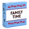 Detail of light blue Family Time card box showing entertainment icons and bold typography - Family Time Interaction