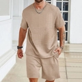 Men's summer casual two-piece set in khaki waffle knit fabric with crewneck T-shirt and shorts - Khaki