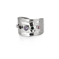 Silver wide band ring with irregular hammered texture and five colorful crystal stones - Silver Hammered Wide Band Five-Color Gem (P1106680)