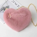 Soft pink heart-shaped faux fur crossbody bag with elegant gold chain strap - Dusty Pink