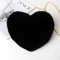 Faux rabbit fur heart-shaped crossbody bag in black with a delicate gold chain strap - Black