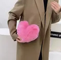 Pink heart-shaped faux rabbit fur crossbody bag with golden chain strap for women - Hot Pink
