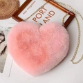 Faux rabbit fur heart shaped crossbody bag in light pink with gold chain strap - Korean Pink