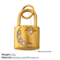Golden stainless steel lock pendant with crescent moon and rhinestone star design - Star Moon Lock Pendant (PJ676WEG)