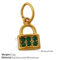 Bohemian gold lock pendant in stainless steel with six green rhinestones for DIY jewelry - Retro Green Rhinestone Lock Pendant (PJ706GNG)