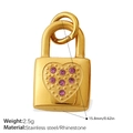 18K gold plated stainless steel padlock pendant with pink heart rhinestone inlay - Pink Rhinestone Heart Lock Pendant (PJ962PEG)