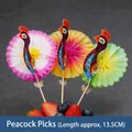 Peacock design cocktail picks with colorful paper fan tails for party fruits, 13.5cm long - Peacock Picks