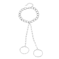 Silver chain hand harness with white pearls and integrated double finger rings set - Silver Thick Chain