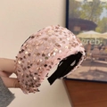 Wide pink sequin headband with rose gold shimmering discs and black fabric lining - Pink Sequin Headband