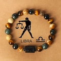 Natural stone bead Libra zodiac bracelet with tiger eye and engraved black cylinder charm - Libra