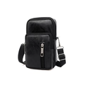 Men's black PU leather mini shoulder bag with litchi texture and silver zipper detail - Black