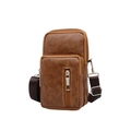 Men's retro dark brown PU leather crossbody phone bag with double zipper and pebble texture - Yellow Brown