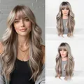 Long wavy platinum blonde wig with bangs showing side and front view on model - Light Gray