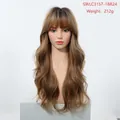 Detail of long wavy ombre blonde wig with neat bangs weighing 212g for a natural look - Warm Brown