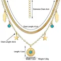 Mehrlagige 18K vergoldete Edelstahlhalskette mit Türkis-Böser-Blick und Feder-Anhängern - Doppellagige Türkis-Scheiben-Halskette (Gold)
