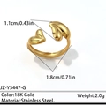 Minimalist 18K gold stainless steel open ring featuring dual heart leaf design accents - Gold