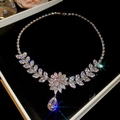 Silver flower necklace variant with leaf patterns and pear-shaped zircon stones - 2# Necklace-Silver-Wheat Ear Flower