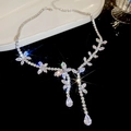 Silver flower and butterfly jewelry set with zircon floral necklace and teardrop pendants - 4# Necklace-Silver-Round Water Drop