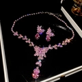 Pink zircon necklace and earrings set featuring butterfly and teardrop charms in a gift box - 33# Two-piece Set-Silver-Pink-Butterfly Flower