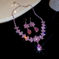 Pink zircon flower necklace and earring set with pear-shaped pendants on dark background - 41# Two-piece Set-Silver-Pink-Flower Water Drop