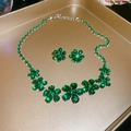Emerald flower jewelry set with dark green stones and silver finish necklace earrings - 45# Two-piece Set-Green-Flower