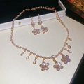 Floral zircon necklace and earring set in golden finish with teardrop pendants - 49# Two-piece Set-Gold-White-Flower Water Drop