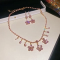Pink flower zircon necklace and earrings jewelry set in golden finish with crystals - 50# Two-piece Set-Gold-Pink-Flower Water Drop