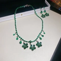Silver flower jewelry set with emerald green crystals including necklace and earrings - 51# Two-piece Set-Gold-Green-Flower Water Drop