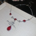 Elegant red teardrop pendant necklace and earring set with silver zirconia accents - 52# Necklace-Silver-Red-Oval Water Drop