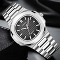Reloj de cuarzo Fensir para hombre con correa de acero plateado y esfera azul texturizada - Acero Plateado Brillante Esfera Negra
