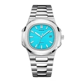 Men's Nautilus-style quartz watch with Tiffany blue horizontal dial and date window - Teal Blue