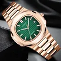 Men's rose gold quartz watch with green striped dial and stainless steel band - Rose Gold Green Dial