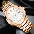 Men's square quartz watch in rose gold finish with white textured dial and date - Rose Gold White Dial