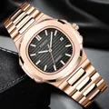 Men's square quartz watch in rose gold with black textured dial and calendar display - Rose Gold Black Dial