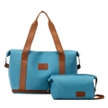 Blue nylon travel bag set including large tote and pouch with brown shoulder straps - Lake Blue