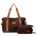 Deep brown double-layer travel bag set with matching small toiletry pouch - Dark Brown