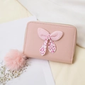 Pink short wallet with bow decoration and pompom charm for women fashion storage - Pink