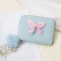 Cute light blue polka dot bow coin purse with soft plush pompom pendant for women - Blue
