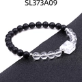 Bracciale di perle da 6mm nere opache e trasparenti con blocco di quarzo quadrato centrale - Stile Quarzo Chiaro (SL373A09)