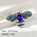 Blue and cyan bee insect brooch with rhinestones and blue gemstone, size 5.9x3.9cm - Antique Gold Blue Bee (XD10984-2)