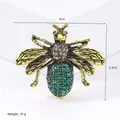 Vintage gold bee brooch with blue rhinestones and white crystals, 4x3.3cm size - Antique Gold Peacock Green (XD824005-3)