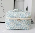 Blue and white floral quilted cotton makeup bag with large capacity and sturdy handle - Sanitary Napkin Bag / White Base Blue Orchid