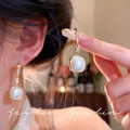 French retro gold earrings with large square pearl drops and zircon accents - E3209 Gold