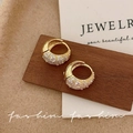 Chic 925 silver needle hoop earrings with pavé set cubic zirconia in golden finish - E6849 Gold