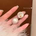 Elegant gold-tone 925 silver needle pearl stud earrings with large white round pearls - Oversized Hemispherical Pearl Studs - A2790 Champagne
