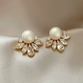Elegant gold pearl stud earrings with marquise-cut crystals on satin background - E6961 Gold