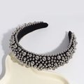 Thick sponge headband in black fabric featuring shiny silver metal beads decoration - Silver
