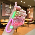 Pink liquid glitter bear keychain with cat paw charm and green wrist strap charm - Luminous Bubble Bead Bear Head / Pink