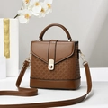 Brown woven leather crossbody bag with top handle and gold clasp on a minimal background - Brown