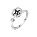 Silver open ring with black four-petal flower and white zircon bead for women - Silver Black Flower Style (7)